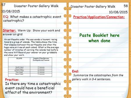 58Disaster Poster Gallery Walk 57 10/08/2015 Starter: Warm Up: Show your work and answer on grid Practice/Application/Connection: Practice: Is there any.