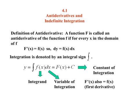 4.1 Antiderivatives and Indefinite Integration Definition of Antiderivative: A function F is called an antiderivative of the function f if for every x.