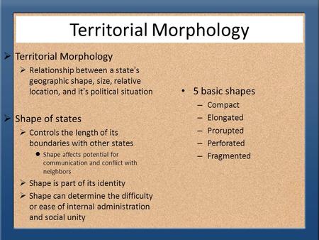 Territorial Morphology  Territorial Morphology  Relationship between a state’s geographic shape, size, relative location, and it’s political situation.