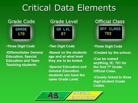 Critical Data Elements Grade Code Three Digit Code Differentiates General Education, Special Education and Team Teaching students. Grade Level Two Digit.