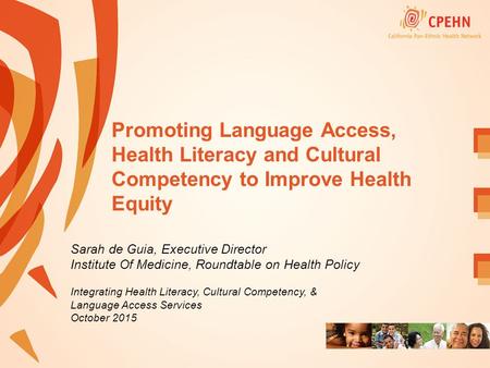 Promoting Language Access, Health Literacy and Cultural Competency to Improve Health Equity Sarah de Guia, Executive Director Institute Of Medicine, Roundtable.