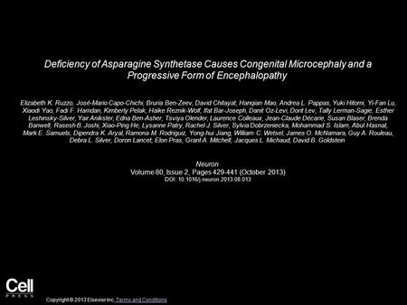 Deficiency of Asparagine Synthetase Causes Congenital Microcephaly and a Progressive Form of Encephalopathy Elizabeth K. Ruzzo, José-Mario Capo-Chichi,
