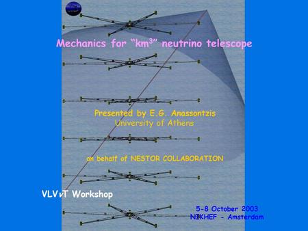 Presented by E.G. Anassontzis University of Athens on behalf of NESTOR COLLABORATION 5-8 October 2003 NIKHEF - Amsterdam Title Mechanics for “km 3 ” neutrino.