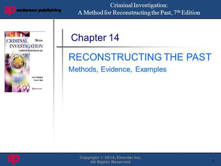 1 Book Cover Here Copyright © 2014, Elsevier Inc. All Rights Reserved Chapter 14 RECONSTRUCTING THE PAST Methods, Evidence, Examples Criminal Investigation: