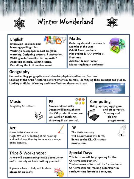 Winter Wonderland Music Taught by Miss Keen. PE Dance and ball skills. Dances will be taught for the KS1 production and we will work on catching, throwing.
