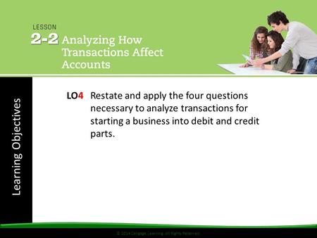 Learning Objectives © 2014 Cengage Learning. All Rights Reserved. LO4 Restate and apply the four questions necessary to analyze transactions for starting.