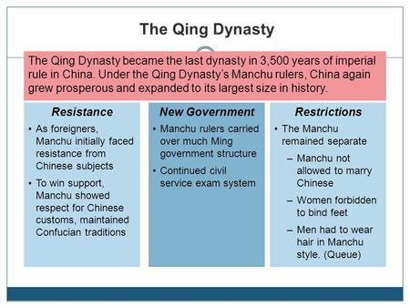 The Qing Dynasty became the last dynasty in 3,500 years of imperial rule in China. Under the Qing Dynasty’s Manchu rulers, China again grew prosperous.