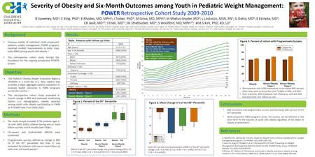 Severity of Obesity and Six-Month Outcomes among Youth in Pediatric Weight Management: POWER Retrospective Cohort Study 2009-2010 B Sweeney, MD 1 ; E King,