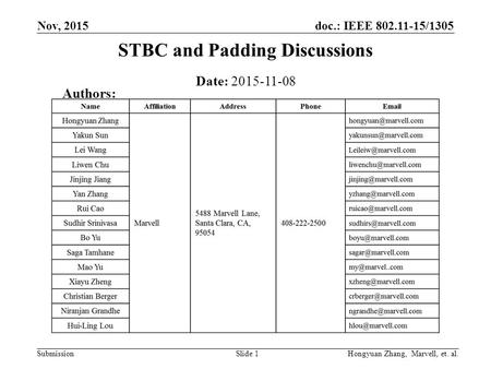 Doc.: IEEE 802.11-15/1305 Submission STBC and Padding Discussions Nov, 2015 Slide 1 Date: 2015-11-08 Authors: Hongyuan Zhang, Marvell, et. al.