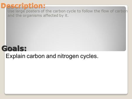 Description: Use large posters of the carbon cycle to follow the flow of carbon and the organisms affected by it. Goals: Explain carbon and nitrogen cycles.