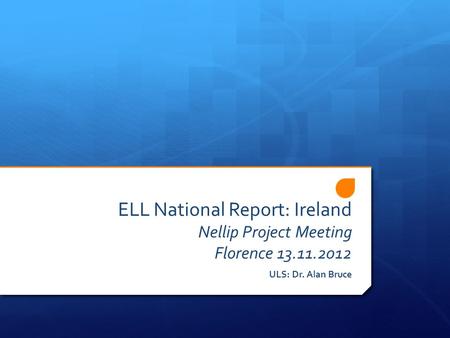 ELL National Report: Ireland Nellip Project Meeting Florence 13.11.2012 ULS: Dr. Alan Bruce.