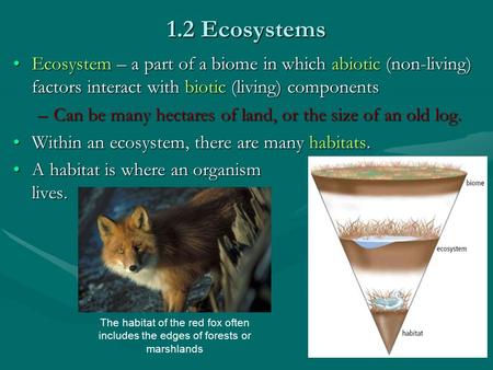1.2 Ecosystems Ecosystem – a part of a biome in which abiotic (non-living) factors interact with biotic (living) componentsEcosystem – a part of a biome.