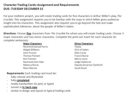 Character Trading Cards: Assignment and Requirements