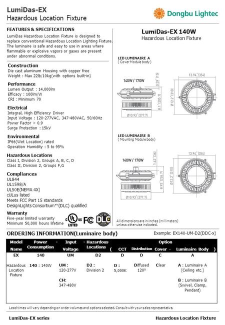 ModelPower Consumption -Input-Hazardous Locations Option NameVoltage ( CCT Distribution Cover-Luminaire Body) EX140 UM UM : 120-277V CH: 347-480V D2 D2.