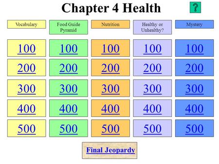 Chapter 4 Health 100 200 300 400 500 100 200 300 400 500 100 200 300 400 500 100 200 300 400 500 100 200 300 400 500 VocabularyFood Guide Pyramid NutritionHealthy.