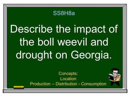 SS8H8a Describe the impact of the boll weevil and drought on Georgia. Concepts: Location Production – Distribution - Consumption.
