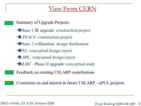 View From CERN Summary of Upgrade Projects:  Phase 1 IR upgrade: construction project  LINAC4: construction project  Phase 2 collimation: design finalization.