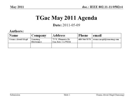 Doc.: IEEE 802.11-11/0582r4 Submission May 2011 Osama Aboul-Magd (Samsung)Slide 1 TGac May 2011 Agenda Date: 2011-05-09 Authors: