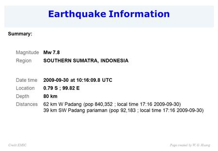 Earthquake Information Page created by W. G. HuangCredit EMSC Summary: MagnitudeMw 7.8 RegionSOUTHERN SUMATRA, INDONESIA Date time2009-09-30 at 10:16:09.8.