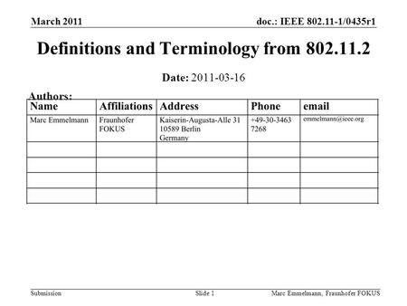 Doc.: IEEE 802.11-1/0435r1 Submission March 2011 Marc Emmelmann, Fraunhofer FOKUSSlide 1 Definitions and Terminology from 802.11.2 Date: 2011-03-16 Authors: