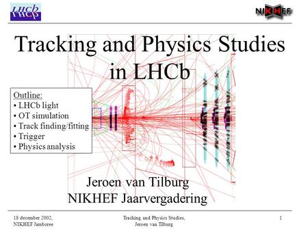 18 december 2002, NIKHEF Jamboree Tracking and Physics Studies, Jeroen van Tilburg 1 Tracking and Physics Studies in LHCb Jeroen van Tilburg NIKHEF Jaarvergadering.
