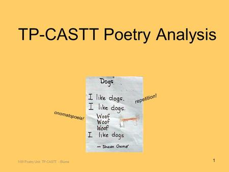 TP-CASTT Poetry Analysis 1/09 Poetry Unit: TP-CASTT - Blume 1 repetition! onomatopoeia!