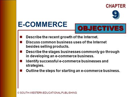CHAPTER OBJECTIVES © SOUTH-WESTERN EDUCATIONAL PUBLISHING E-COMMERCE nDescribe the recent growth of the Internet. nDiscuss common business uses of the.
