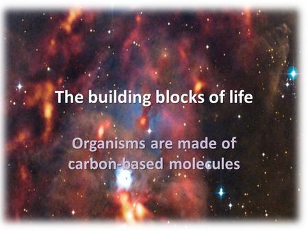 The building blocks of life Organisms are made of carbon-based molecules.