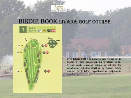 BIRDIE BOOK LIVADA Golf Course Prva luknja PAR 4 je najlažja med vsemi, saj je kratka z enim bunkerjem na igralnem polju, dvema bunkerjema ob vstopu na.