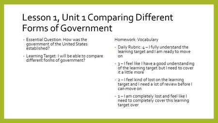 Lesson 1, Unit 1 Comparing Different Forms of Government Essential Question: How was the government of the United States established? Learning Target: