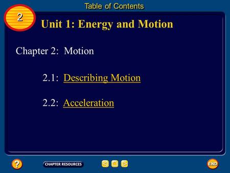 Chapter 2: Motion Unit 1: Energy and Motion Table of Contents 2 2 2.1: Describing Motion 2.2: AccelerationAcceleration.