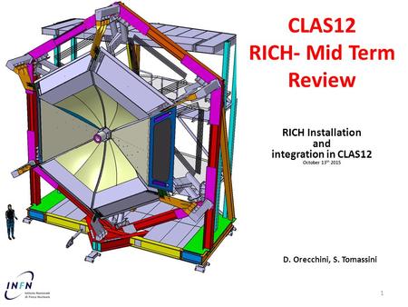 RICH Installation and integration in CLAS12 October 13 th 2015 D. Orecchini, S. Tomassini 1 CLAS12 RICH- Mid Term Review.