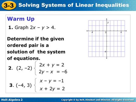 Holt Algebra 2 3-3 Solving Systems of Linear Inequalities Warm Up 1. Graph 2x – y > 4. Determine if the given ordered pair is a solution of the system.