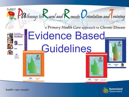 Evidence Based Guidelines. Learning objectives Be familiar with the evidence based guidelines used in rural and remote practice Understand the use for.