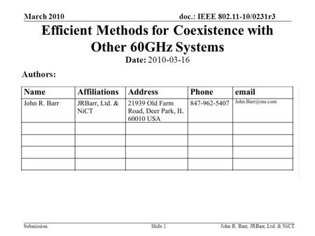 Doc.: IEEE 802.11-10/0231r3 Submission March 2010 John R. Barr, JRBarr, Ltd. & NiCTSlide 1 Efficient Methods for Coexistence with Other 60GHz Systems Date: