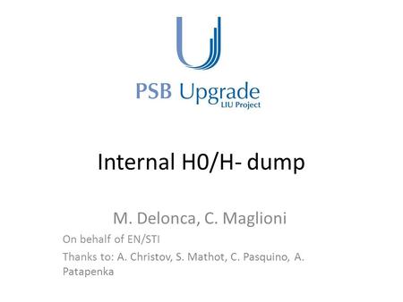 Internal H0/H- dump M. Delonca, C. Maglioni On behalf of EN/STI Thanks to: A. Christov, S. Mathot, C. Pasquino, A. Patapenka.