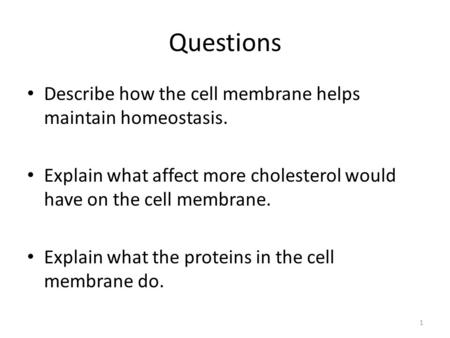 Questions Describe how the cell membrane helps maintain homeostasis. Explain what affect more cholesterol would have on the cell membrane. Explain what.
