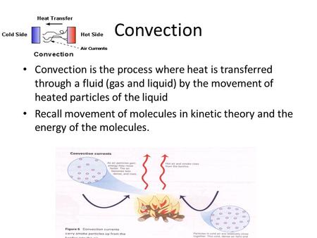 Convection Convection is the process where heat is transferred through a fluid (gas and liquid) by the movement of heated particles of the liquid Recall.