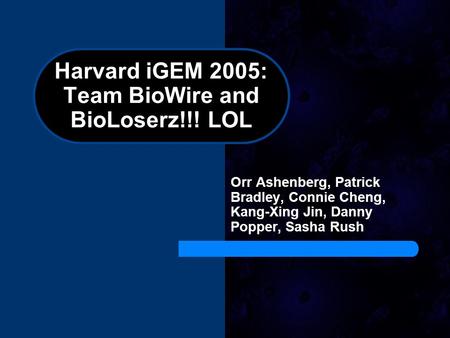 Harvard iGEM 2005: Team BioWire and BioLoserz!!! LOL Orr Ashenberg, Patrick Bradley, Connie Cheng, Kang-Xing Jin, Danny Popper, Sasha Rush.