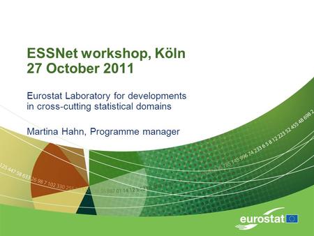 ESSNet workshop, Köln 27 October 2011 Eurostat Laboratory for developments in cross-cutting statistical domains Martina Hahn, Programme manager.