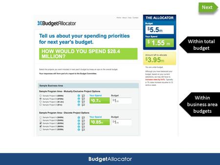 Budget Allocator Within total budget Within business area budgets Next.