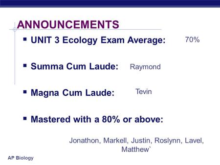 AP Biology ANNOUNCEMENTS  UNIT 3 Ecology Exam Average:  Summa Cum Laude:  Magna Cum Laude:  Mastered with a 80% or above: 70% Raymond Tevin Jonathon,