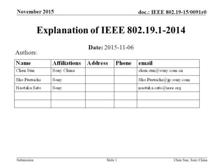 Submission doc.: IEEE 802.19-15/0091r0 November 2015 Chen Sun, Sony ChinaSlide 1 Explanation of IEEE 802.19.1-2014 Date: 2015-11-06 Authors: