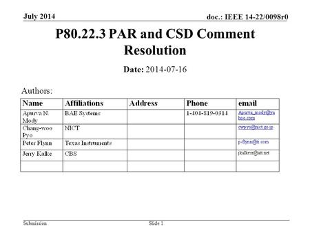Submission doc.: IEEE 14-22/0098r0 July 2014 Slide 1 P80.22.3 PAR and CSD Comment Resolution Date: 2014-07-16 Authors:
