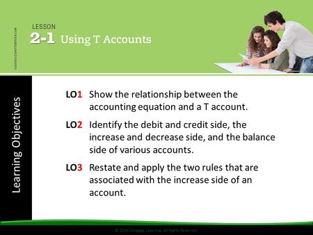 Learning Objectives © 2014 Cengage Learning. All Rights Reserved. LO1Show the relationship between the accounting equation and a T account. LO2 Identify.