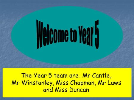 The Year 5 team are : Mr Cantle, Mr Winstanley, Miss Chapman, Mr Laws and Miss Duncan.