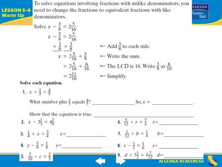 ALGEBRA READINESS LESSON 5-6 Warm Up Lesson 5-6 Warm-Up.