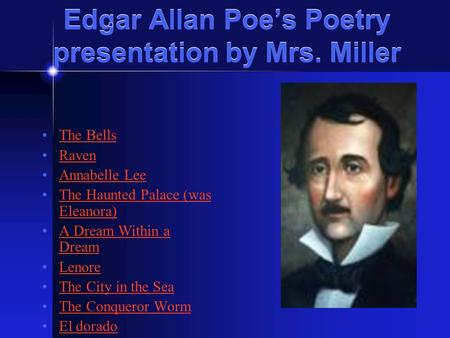 Edgar Allan Poe’s Poetry presentation by Mrs. Miller The Bells Raven Annabelle Lee The Haunted Palace (was Eleanora)The Haunted Palace (was Eleanora)