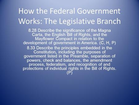 How the Federal Government Works: The Legislative Branch 8.28 Describe the significance of the Magna Carta, the English Bill of Rights, and the Mayflower.