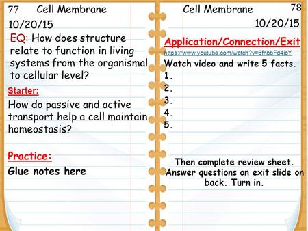 10/20/15 Starter: How do passive and active transport help a cell maintain homeostasis? Practice: Glue notes here 10/20/15 Cell Membrane Application/Connection/Exit.